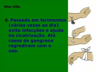 6.   Passada em ferimentos  (várias vezes ao dia)  evita infecções e ajuda  na cicatrização. Até  casos de gangrena  regrediram com o  seu uso.    Mon Ville 