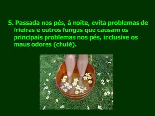 5.   Passada nos pés, à noite, evita problemas de frieiras e outros fungos que causam os principais problemas nos pés, inclusive os maus odores (chulé).   