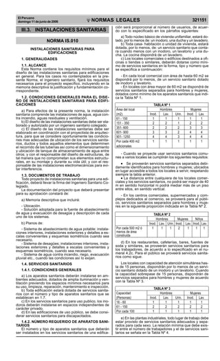 El Peruano
domingo 11 de junio de 2006 321151NORMAS LEGALES
R
EPUBLICA DEL PERU
III.3. INSTALACIONES SANITARIAS
NORMA IS.010
INSTALACIONES SANITARIAS PARA
EDIFICACIONES
1. GENERALIDADES
1.1. ALCANCE
Esta Norma contiene los requisitos mínimos para el
diseño de las instalaciones sanitarias para edificaciones
en general. Para los casos no contemplados en la pre-
sente Norma, el ingeniero sanitario, fijará los requisitos
necesarios para el proyecto específico, incluyendo en la
memoria descriptiva la justificación y fundamentación co-
rrespondiente.
1.2. CONDICIONES GENERALES PARA EL DISE-
ÑO DE INSTALACIONES SANITARIAS PARA EDIFI-
CACIONES
a) Para efectos de la presente norma, la instalación
sanitaria comprende las instalaciones de agua, agua con-
tra incendio, aguas residuales y ventilación.
b) El diseño de las instalaciones sanitarias debe ser ela-
borado y autorizado por un ingeniero sanitario colegiado.
c) El diseño de las instalaciones sanitarias debe ser
elaborado en coordinación con el proyectista de arquitec-
tura, para que se considere oportunamente las condicio-
nes mas adecuadas de ubicación de los servicios sanita-
rios, ductos y todos aquellos elementos que determinen
el recorrido de las tuberías así como el dimensionamiento
y ubicación de tanque de almacenamiento de agua entre
otros; y con el responsable del diseño de estructuras, de
tal manera que no comprometan sus elementos estructu-
rales, en su montaje y durante su vida útil; y con el res-
ponsable de las instalaciones electromecánicas para evi-
tar interferencia.
1.3. DOCUMENTOS DE TRABAJO
Todo proyecto de instalaciones sanitarias para una edi-
ficación, deberá llevar la firma del Ingeniero Sanitario Co-
legiado.
La documentación del proyecto que deberá presentar
para su aprobación constará de:
a) Memoria descriptiva que incluirá:
- Ubicación.
- Solución adoptada para la fuente de abastecimiento
de agua y evacuación de desagüe y descripción de cada
uno de los sistemas.
b) Planos de:
- Sistema de abastecimiento de agua potable: instala-
ciones interiores, instalaciones exteriores y detalles a es-
calas convenientes y esquemas isométricos cuando sea
necesario.
- Sistema de desagües; instalaciones interiores, insta-
laciones exteriores y detalles a escalas convenientes y
esquemas isométricos, cuando sea necesario.
- Sistema de agua contra incendio, riego, evacuación
pluvial etc., cuando las condiciones así lo exijan.
1.4. SERVICIOS SANITARIOS
1.4.1. CONDICIONES GENERALES
a) Los aparatos sanitarios deberán instalarse en am-
bientes adecuados, dotados de amplia iluminación y ven-
tilación previendo los espacios mínimos necesarios para
su uso, limpieza, reparación, mantenimiento e inspección.
b) Toda edificación estará dotada de servicios sanita-
rios con el número y tipo de aparatos sanitarios que se
establecen en 1.7.
c) En los servicios sanitarios para uso publico, los ino-
doros deberán instalarse en espacios independientes de
carácter privado.
d) En las edificaciones de uso público, se debe consi-
derar servicios sanitarios para discapacitados.
1.4.2. NÚMERO REQUERIDO DE APARATOS SANI-
TARIOS
El número y tipo de aparatos sanitarios que deberán
ser instalados en los servicios sanitarios de una edifica-
ción será proporcional al número de usuarios, de acuer-
do con lo especificado en los párrafos siguientes:
a) Todo núcleo básico de vivienda unifamiliar, estará do-
tado, por lo menos de: un inodoro, una ducha y un lavadero.
b) Toda casa- habitación o unidad de vivienda, estará
dotada, por lo menos, de: un servicio sanitario que conta-
ra cuando menos con un inodoro, un lavatorio y una du-
cha. La cocina dispondrá de un lavadero.
c) Los locales comerciales o edificios destinados a ofi-
cinas o tiendas o similares, deberán dotarse como míni-
mo de servicios sanitarios en la forma, tipo y número que
se especifica a continuación:
- En cada local comercial con área de hasta 60 m2 se
dispondrá por lo menos, de un servicio sanitario dotado
de inodoro y lavatorio.
- En locales con área mayor de 60 m2 se dispondrá de
servicios sanitarios separados para hombres y mujeres,
dotados como mínimo de los aparatos sanitarios que indi-
ca la Tabla Nº 1.
TABLA Nº 1
Área del local Hombres Mujeres
(m2) Inod. Lav. Urin. Inod. Lav.
61 - 150 1 1 1 1 1
151 - 350 2 2 1 2 2
351- 600 2 2 2 3 3
601- 900 3 3 2 4 4
901- 1250 4 4 3 4 4
Por cada 400 m2 1 1 1 1 1
adicionales
- Cuando se proyecte usar servicios sanitarios comu-
nes a varios locales se cumplirán los siguientes requisitos:
•••••Se proveerán servicios sanitarios separados debi-
damente identificados para hombres y mujeres; ubicados
en lugar accesible a todos los locales a servir, respetando
siempre la tabla anterior.
••••• La distancia entre cualquiera de los locales comer-
ciales y los servicios sanitarios, no podrá ser mayor de 40
m en sentido horizontal ni podrá mediar más de un piso
entre ellos, en sentido vertical.
- En los centros comerciales, supermercados y com-
plejos dedicados al comercio, se proveerá para el públi-
co, servicios sanitarios separados para hombres y muje-
res en la siguiente proporción indicada en la Tabla Nº 2.
TABLA Nº 2
Hombres Mujeres Niños
Inod. Lav. Urin. Inod. Lav. Inod. Lav.
Por cada 500 m2 ó 1 1 1 2 1 1 1
menos de área
construida
d) En los restaurantes, cafeterías, bares, fuentes de
soda y similares, se proveerán servicios sanitarios para
los trabajadores, de acuerdo a lo especificado en el nu-
meral 4.2c. Para el público se proveerá servicios sanita-
rios como sigue:
Los locales con capacidad de atención simultánea has-
ta de 15 personas, dispondrán por lo menos de un servi-
cio sanitario dotado de un inodoro y un lavatorio. Cuando
la capacidad sobrepase de 15 personas, dispondrán de
servicios separados para hombres y mujeres de acuerdo
con la Tabla Nº 3.
TABLA Nº 3
Capacidad Hombres Mujeres
(Personas) Inod. Lav. Urin. Inod. Lav.
16 - 60 1 1 1 1 1
61 - 150 2 2 2 2 2
Por cada 100 1 1 1 1 1
e) En las plantas industriales, todo lugar de trabajo debe
estar provisto de servicios sanitarios adecuados y sepa-
rados para cada sexo. La relación mínima que debe exis-
tir entre el número de trabajadores y el de servicios sani-
tarios se señala en la Tabla Nº 4.
Difundido por: ICG - Instituto de la Construcción y Gerencia
www.construccion.org / icg@icgmail.org / Telefax : 421 - 7896
 