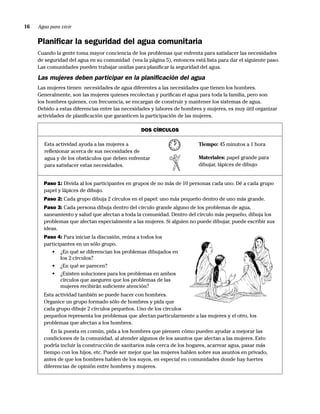 16   Agua para vivir


     Planiﬁcar la seguridad del agua comunitaria
     Cuando la gente toma mayor conciencia de los problemas que enfrenta para satisfacer las necesidades
     de seguridad del agua en su comunidad (vea la página 5), entonces está lista para dar el siguiente paso.
     Las comunidades pueden trabajar unidas para planiﬁcar la seguridad del agua.

     Las mujeres deben participar en la planiﬁcación del agua
     Las mujeres tienen necesidades de agua diferentes a las necesidades que tienen los hombres.
     Generalmente, son las mujeres quienes recolectan y puriﬁcan el agua para toda la familia, pero son
     los hombres quienes, con frecuencia, se encargan de construir y mantener los sistemas de agua.
     Debido a estas diferencias entre las necesidades y labores de hombres y mujeres, es muy útil organizar
     actividades de planiﬁcación que garanticen la participación de las mujeres.

                                                 DOS CÍRCULOS

       Esta actividad ayuda a las mujeres a                               Tiempo: 45 minutos a 1 hora
       reﬂexionar acerca de sus necesidades de
       agua y de los obstáculos que deben enfrentar                       Materiales: papel grande para
       para satisfacer estas necesidades.                                 dibujar, lápices de dibujo


       Paso 1: Divida al los participantes en grupos de no más de 10 personas cada uno. Dé a cada grupo
       papel y lápices de dibujo.
       Paso 2: Cada grupo dibuja 2 círculos en el papel: uno más pequeño dentro de uno más grande.
       Paso 3: Cada persona dibuja dentro del círculo grande alguno de los problemas de agua,
       saneamiento y salud que afectan a toda la comunidad. Dentro del círculo más pequeño, dibuja los
       problemas que afectan especialmente a las mujeres. Si alguien no puede dibujar, puede escribir sus
       ideas.
       Paso 4: Para iniciar la discusión, reúna a todos los
       participantes en un sólo grupo.
          • ¿En qué se diferencian los problemas dibujados en
              los 2 círculos?
          • ¿En qué se parecen?
          • ¿Existen soluciones para los problemas en ambos
              círculos que aseguren que los problemas de las
              mujeres recibirán suﬁciente atención?
       Esta actividad también se puede hacer con hombres.
       Organice un grupo formado sólo de hombres y pida que
       cada grupo dibuje 2 círculos pequeños. Uno de los círculos
       pequeños representa los problemas que afectan particularmente a las mujeres y el otro, los
       problemas que afectan a los hombres.
          En la puesta en común, pida a los hombres que piensen cómo pueden ayudar a mejorar las
       condiciones de la comunidad, al atender algunos de los asuntos que afectan a las mujeres. Esto
       podría incluir la construcción de sanitarios más cerca de los hogares, acarrear agua, pasar más
       tiempo con los hijos, etc. Puede ser mejor que las mujeres hablen sobre sus asuntos en privado,
       antes de que los hombres hablen de los suyos, en especial en comunidades donde hay fuertes
       diferencias de opinión entre hombres y mujeres.
 