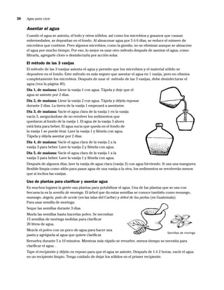 38   Agua para vivir

     Asentar el agua
     Cuando el agua se asienta, el lodo y otros sólidos, así como los microbios y gusanos que causan
     enfermedades, se depositan en el fondo. Al almacenar agua por 5 ó 6 días, se reduce el número de
     microbios que contiene. Pero algunos microbios, como la giardia, no se eliminan aunque se almacene
     el agua por mucho tiempo. Por eso, lo mejor es usar otro método después de asentar el agua, como
     ﬁltrarla, agregarle cloro o desinfectarla por acción solar.

     El método de las 3 vasijas
     El método de las 3 vasijas asienta el agua y permite que los microbios y el material sólido se
     depositen en el fondo. Este método es más seguro que asentar el agua en 1 vasija, pero no elimina
     completamente los microbios. Después de usar el método de las 3 vasijas, debe desinfectarse el
     agua (vea la página 40).
     Día 1, de mañana: Llene la vasija 1 con agua. Tápela y deje que el
     agua se asiente por 2 días.
     Día 2, de mañana: Llene la vasija 2 con agua. Tápela y déjela reposar
     durante 2 días. La tierra de la vasija 1 empezará a asentarse.
     Día 3, de mañana: Vacíe el agua clara de la vasija 1 en la vasija
     vacía 3, asegurándose de no revolver los sedimentos que
     quedaron al fondo de la vasija 1. El agua de la vasija 3 ahora
     está lista para beber. El agua sucia que queda en el fondo de
     la vasija 1 se puede tirar. Lave la vasija 1 y llénela con agua.
     Tápela y déjela asentar por 2 días.
     Día 4, de mañana: Vacíe el agua clara de la vasija 2 a la
     vasija 3 para beber. Lave la vasija 2 y llénela con agua.
     Día 5, de mañana: Vacíe el agua clara de la vasija 1 a la
     vasija 3 para beber. Lave la vasija 1 y llénela con agua.
     Después de algunos días, lave la vasija de agua clara (vasija 3) con agua hirviendo. Si usa una manguera
     ﬂexible limpia como sifón para pasar agua de una vasija a la otra, los sedimentos se revolverán menos
     que si inclina las vasijas.

     Uso de plantas para clariﬁcar y asentar agua
     En muchos lugares la gente usa plantas para potabilizar el agua. Una de las plantas que se usa con
     frecuencia es la semilla de moringa. El árbol que da estas semillas se conoce también como morango,
     marango, ángela, palo de aceite (en las islas del Caribe) y árbol de las perlas (en Guatemala).
     Para usar semilla de moringa:
     Seque las semillas durante 3 días.
     Muela las semillas hasta hacerlas polvo. Se necesitan
     15 semillas de moringa molidas para clariﬁcar
     20 litros de agua.
     Mezcle el polvo con un poco de agua para hacer una
                                                                                            Semillas de moringa
     pasta y agréguela al agua que quiere clariﬁcar.
     Revuelva durante 5 a 10 minutos. Mientras más rápido se revuelve, menos tiempo se necesita para
     clariﬁcar el agua. .
     Tape el recipiente y déjelo en reposo para que el agua se asiente. Después de 1 ó 2 horas, vacíe el agua
     en un recipiente limpio. Tenga cuidado de dejar los sólidos en el primer recipiente.
 