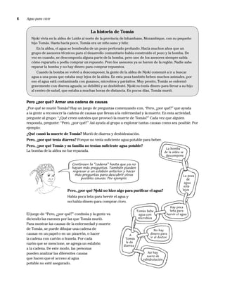 6   Agua para vivir


                                            La historia de Tomás
       Njoki vivía en la aldea de Luido al norte de la provincia de Inhambane, Mozambique, con su pequeño
       hijo Tomás. Hasta hacía poco, Tomás era un niño sano y feliz.
          En la aldea, el agua se bombeaba de un pozo perforado profundo. Hacía muchos años que un
       grupo de asesores técnicos para el desarrollo comunitario había construido el pozo y la bomba. De
       vez en cuando, se descomponía alguna parte de la bomba, pero uno de los asesores siempre sabía
       cómo repararla o podía comprar un repuesto. Pero los asesores ya se fueron de la región. Nadie sabe
       reparar la bomba y no hay dinero para comprar repuestos.
           Cuando la bomba se volvió a descomponer, la gente de la aldea de Njoki comenzó a ir a buscar
       agua a una poza que estaba muy lejos de la aldea. En esta poza también beben muchos animales, por
       eso el agua está contaminada con gusanos, microbios y parásitos. Muy pronto, Tomás se enfermó
       gravemente con diarrea aguada; se debilitó y se deshidrató. Njoki no tenía dinero para llevar a su hijo
       al centro de salud, que estaba a muchas horas de distancia. En pocos días, Tomás murió.


    Pero ¿por qué? Armar una cadena de causas
    ¿Por qué se murió Tomás? Hay un juego de preguntas comenzando con, “Pero, ¿por qué?” que ayuda
    a la gente a reconocer la cadena de causas que llevan a la enfermedad y la muerte. En esta actividad,
    pregunte al grupo: “¿Qué creen ustedes que provocó la muerte de Tomás?” Cada vez que alguien
    responda, pregunte: “Pero, ¿por qué?” Así ayuda al grupo a explorar tantas causas como sea posible. Por
    ejemplo:
    ¿Qué causó la muerte de Tomás? Murió de diarrea y deshidratación.
    Pero, ¿por qué tenía diarrea? Porque no tenía suﬁciente agua potable para beber.
    Pero, ¿por qué Tomás y su familia no tenían suﬁciente agua potable?
                                                                                               La bomba
    La bomba de la aldea no fue reparada.                                                     de la aldea se
                                                                                               descompone


                                Continúen la “cadena” hasta que ya no
                                hayan más preguntas. También pueden
                                regresar a un eslabón anterior y hacer
                                 más preguntas para descubrir otras                                         La poza
                                     posibles causas. Por ejemplo:                                            de
                                                                                                            agua
                                                                                                            está
                              Pero, ¿por qué Njoki no hizo algo para puriﬁcar el agua?                     lejos

                              Había poca leña para hervir el agua y
                              no había dinero para comprar cloro.
                                                                                                 Hay poca
                                                                           Tomás bebe            leña para
    El juego de “Pero, ¿por qué?” continúa y la gente va                    agua con           hervir el agua
    diciendo las razones por las que Tomás murió.                           microbios

    Para mostrar las causas de la enfermedad y muerte
    de Tomás, se puede dibujar una cadena de                                          No hay
    causas en un papel o en un pizarrón, o hacer                      A
                                                                                   dinero para
                                                                                   ir al doctor
    la cadena con cartón o franela. Por cada                      Tomás
                                                                   le da
    razón que se mencione, se agrega un eslabón
                                                                 diarrea
    a la cadena. De este modo, las personas
    pueden analizar las diferentes causas                                        No hay
                                                                                suero de
    que hacen que el acceso al agua                                           rehidratación
    potable no esté asegurado.
 
