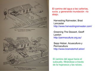 Harvesting Rainwater, Brad Lancaster http://www.harvestingrainwater.com/ Greening The Dessert, Geoff Lawton http://permaculture.org.au/ Sepp Holzer, Acuacultura y Permacultura http://www.krameterhof.at/en/ El camino del agua a las cañerías, sucia, y generando inundación  río abajo. El camino del agua hacia el subsuelo, filtrándose a través de la hojarasca y las raíces. 