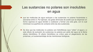 Las sustancias no polares son insolubles
en agua
 que las moléculas de agua excluyen a las sustancias no polares forzándolas a
asociarse entre sí. Por ejemplo, las gotas diminutas de aceite que se dispersan en
forma vigorosa en agua tienden a coalescer y formar una sola gota, con lo cual
minimizan la superficie de contacto entre las dos sustancias.
 Se dice que las moléculas no polares son hidrofóbicas (que “odian” al agua) y a
este efecto de exclusión de sustancias no polares por parte del agua se le llama
efecto hidrofóbico. El efecto hidrofóbico es crítico para el plegamiento de las
proteínas y el autoensamblaje de las membranas biológicas.
 