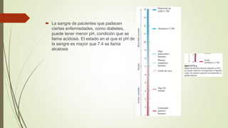  La sangre de pacientes que padecen
ciertas enfermedades, como diabetes,
puede tener menor pH, condición que se
llama acidosis. El estado en el que el pH de
la sangre es mayor que 7.4 se llama
alcalosis
 