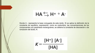 Donde A - representa la base conjugada de este ácido. Si se aplica la definición de la
constante de equilibrio, expresando, como es costumbre, las concentraciones de los
componentes con paréntesis rectangulares, se obtiene la constante de disociación o de
ionización del ácido, K:
 