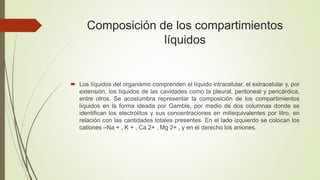 Composición de los compartimientos
líquidos
 Los líquidos del organismo comprenden el líquido intracelular, el extracelular y, por
extensión, los líquidos de las cavidades como la pleural, peritoneal y pericárdica,
entre otros. Se acostumbra representar la composición de los compartimientos
líquidos en la forma ideada por Gamble, por medio de dos columnas donde se
identifican los electrólitos y sus concentraciones en miliequivalentes por litro, en
relación con las cantidades totales presentes. En el lado izquierdo se colocan los
cationes –Na + , K + , Ca 2+ , Mg 2+ , y en el derecho los aniones.
 