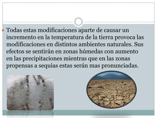  Todas estas modificaciones aparte de causar un
 incremento en la temperatura de la tierra provoca las
 modificaciones en distintos ambientes naturales. Sus
 efectos se sentirán en zonas húmedas con aumento
 en las precipitaciones mientras que en las zonas
 propensas a sequias estas serán mas pronunciadas.
 