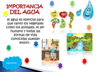 siguiente
el agua es esencial para
que tanto los vegetales
como los animales, el ser
humano y todas las
formas de vida
conocidas puedan
existir.