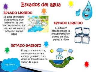 siguiente
El agua en estado
líquido es la que
bebemos, la que
encontramos en los
ríos, en los mares y
océanos, en los
lagos
El agua en
estado sólido la
encontramos en
forma de hielo
granizo y nieve
El agua al calentarse,
se evapora y pasa a
estado gaseoso, o es
decir se transforma en
vapor de agua.