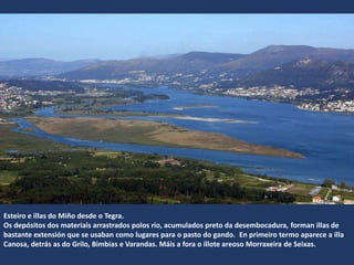 Esteiro e illas do Miño desde o Tegra.
Os depósitos dos materiais arrastrados polos río, acumulados preto da desembocadura, forman illas de
bastante extensión que se usaban como lugares para o pasto do gando. En primeiro termo aparece a illa
Canosa, detrás as do Grilo, Bimbias e Varandas. Máis a fora o illote areoso Morraxeira de Seixas.
 