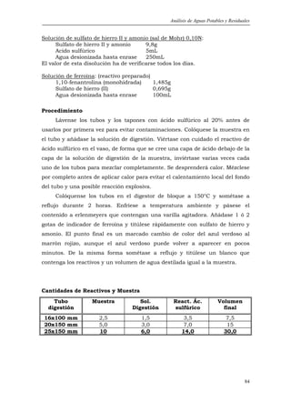 Análisis de Aguas Potables y Residuales


Solución de sulfato de hierro II y amonio (sal de Mohr) 0,10N:
     Sulfato de hierro II y amonio       9,8g
     Acido sulfúrico                     5mL
     Agua desionizada hasta enrase       250mL
El valor de esta disolución ha de verificarse todos los días.

Solución de ferroína: (reactivo preparado)
     1,10-fenantrolina (monohidrada)       1,485g
     Sulfato de hierro (II)                0,695g
     Agua desionizada hasta enrase         100mL

Procedimiento
     Lávense los tubos y los tapones con ácido sulfúrico al 20% antes de
usarlos por primera vez para evitar contaminaciones. Colóquese la muestra en
el tubo y añádase la solución de digestión. Viértase con cuidado el reactivo de
ácido sulfúrico en el vaso, de forma que se cree una capa de ácido debajo de la
capa de la solución de digestión de la muestra, inviértase varias veces cada
uno de los tubos para mezclar completamente. Se desprenderá calor. Mézclese
por completo antes de aplicar calor para evitar el calentamiento local del fondo
del tubo y una posible reacción explosiva.
     Colóquense los tubos en el digestor de bloque a 150°C y sométase a
reflujo durante 2 horas. Enfríese a temperatura ambiente y pásese el
contenido a erlenmeyers que contengan una varilla agitadora. Añádase 1 ó 2
gotas de indicador de ferroína y titúlese rápidamente con sulfato de hierro y
amonio. El punto final es un marcado cambio de color del azul verdoso al
marrón rojizo, aunque el azul verdoso puede volver a aparecer en pocos
minutos. De la misma forma sométase a reflujo y titúlese un blanco que
contenga los reactivos y un volumen de agua destilada igual a la muestra.




Cantidades de Reactivos y Muestra
    Tubo           Muestra           Sol.           React. Ác.          Volumen
  digestión                       Digestión         sulfúrico             final
 16x100 mm            2,5             1,5              3,5                  7,5
 20x150 mm            5,0             3,0              7,0                  15
 25x150 mm            10              6,0             14,0                 30,0




                                                                                     84
 