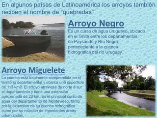 En algunos países de Latinoamérica los arroyos también
reciben el nombre de “quebradas”
Arroyo Negro
Es un curso de agua uruguayo, ubicado
en el límite entre los departamentos
de Paysandú y Río Negro,
perteneciente a la cuenca
hidrográfica del río Uruguay.
Arroyo Miguelete
La cuenca está totalmente comprendida en el
territorio departamental y abarca una superficie
de 113 km2. El arroyo atraviesa de norte a sur
el departamento y tiene una extensión
aproximada de 22 km. Es el principal curso de
agua del departamento de Montevideo, tanto
por la extensión de su cuenca hidrográfica
como por su relación de importantes áreas
urbanizadas.
 