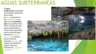 AGUAS SUBTERRANEAS
El agua
subterránea representa
una fracción importante
de la masa
de agua presente en
los continentes, y se
aloja en los acuíferos
bajo la superficie de la
Tierra. El volumen del
agua subterránea es
mucho más importante
que la masa de agua
retenida en lagos o
circulante, y aunque
menor al de los
mayores glaciares, las
masas más extensas
pueden alcanzar
millones de kilómetros
cuadrados
 