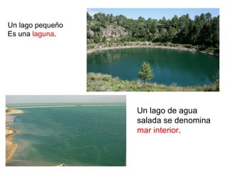 Un lago pequeño
Es una laguna.




                  Un lago de agua
                  salada se denomina
                  mar interior.
 