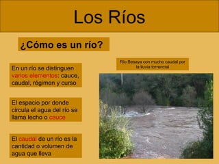 Los Ríos
¿Cómo es un río?
En un río se distinguen
varios elementos: cauce,
caudal, régimen y curso
El espacio por donde
circula el agua del río se
llama lecho o cauce
El caudal de un río es la
cantidad o volumen de
agua que lleva

Río Besaya con mucho caudal por
la lluvia torrencial

 