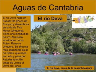 Aguas de Cantabria
El río Deva nace en
Fuente Dé (Picos de
Europa) y desemboca
en la ría de Tina
Mayor (Unquera).
Tiene una longitud de
64 km. Atraviesa
localidades como
Potes, Panes o
Unquera. Su afluente
más importante es el
río Cares, que nace
en León y pasa por
Asturias también
antes de unirse al
Deva en Panes

El río Deva

El río Deva, cerca de la desembocadura

 
