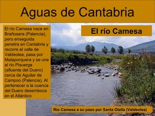 Aguas de Cantabria
El río Camesa nace en
Brañosera (Palencia),
pero enseguida
penetra en Cantabria y
recorre el valle de
Valdeolea, pasa por
Mataporquera y se une
al río Pisuerga
(afluente del Duero)
cerca de Aguilar de
Campoo (Palencia). Al
pertenecer a la cuenca
del Duero desemboca
en el Atlántico

El río Camesa

Río Camesa a su paso por Santa Olalla (Valdeolea)

 