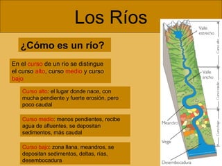 Los Ríos
¿Cómo es un río?
En el curso de un río se distingue
el curso alto, curso medio y curso
bajo
Curso alto: el lugar donde nace, con
mucha pendiente y fuerte erosión, pero
poco caudal
Curso medio: menos pendientes, recibe
agua de afluentes, se depositan
sedimentos, más caudal
Curso bajo: zona llana, meandros, se
depositan sedimentos, deltas, rías,
desembocadura

 