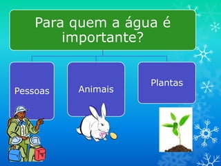 Para quem a água é
        importante?


                    Plantas
Pessoas   Animais
 