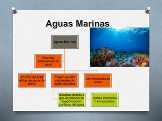 Aguas Marinas
97,41% del total
de las aguas en la
tierra
Tienen un alto
porcentaje de
sales disueltas
disueltas debido a
que el proceso de
evaporización
continuo del agua
Las temperaturas
varían
(zonas tropicales)
o en los polos.
Grandes
extensiones de
agua
 