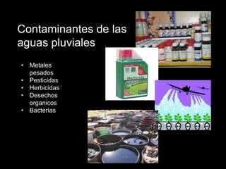 Contaminantes de las 
aguas pluviales 
• Metales 
pesados 
• Pesticidas 
• Herbicidas 
• Desechos 
organicos 
• Bacterias 
 