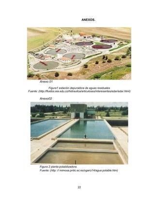 ANEXOS.

Anexo 01
Figura1 estación depuradora de aguas residuales
Fuente: (http://fluidos.eia.edu.co/hidraulica/articuloses/interesantes/edar/edar.html)

Anexo02

Figura 2 planta potabilizadora.
Fuente: (http: // mimosa.pntic.ec.es/vgarci14/agua potable.htm)

22

 