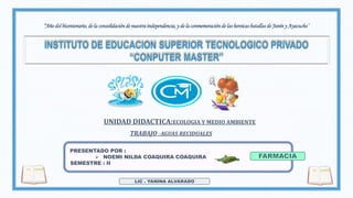 TRABAJO : AGUAS RECIDUALES
UNIDAD DIDACTICA:ECOLOGIA Y MEDIO AMBIENTE
PRESENTADO POR :
 NOEMI NILDA COAQUIRA COAQUIRA
SEMESTRE : II
LIC . YANINA ALVARADO
“Año del bicentenario, de la consolidación de nuestra independencia,y de la conmemoración de las heroicas batallas de Junín y Ayacucho”
 