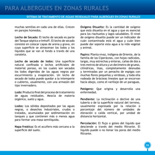 55
PARA ALBERGUES EN ZONAS RURALES
SISTEMA DE TRATAMIENTO DE AGUAS RESIDUALES PARA ALBERGUES EN ZONAS RURALES
muchas semillas en cada una de ellas. Crecen
en parajes húmedos.
Lecho de Secado: El lecho de secado es parte
del Tanque séptico e Imhoff. El lecho de secado
consiste en colocar capas de arena y grava, en
cuya superficie se almacenan los lodos y los
líquidos que se van al fondo a través de una
canaleta.
Lecho de secado de lodos: Una superficie
natural confinada o lechos artificiales de
material poroso, en los cuales son secados
los lodos digeridos de las aguas negras por
escurrimiento y evaporación. Un lecho de
secado de lodos puede quedar a la intemperie
o cubierto, usualmente, con una armazón del
tipo invernadero.
Lodo: Producto final del proceso de tratamiento
de aguas residuales. Mezcla de materia
orgánica, suelo y agua.
Lodos: Los sólidos depositados por las aguas
negras, o desechos industriales, crudos o
tratados, acumulados por sedimentación en
tanques y que contienen más o menos agua
para formar una masa semilíquida.
Napa freática: Es el acuífero más cercano a la
superficie del suelo.
Oxígeno Disuelto: Es la cantidad de oxígeno
que está disuelta en el agua y que es esencial
para los riachuelos y lagos saludables. El nivel
de oxígeno disuelto puede ser un indicador de
cuán contaminada está el agua y cuán bien
puede dar soporte esta agua a la vida vegetal
y animal.
Papiro: Planta vivaz, indígena de Oriente, de la
familia de las Ciperáceas, con hojas radicales,
largas, muy estrechas y enteras, cañas de dos a
tres metros de altura y un decímetro de grueso,
cilíndricas, lisas, completamente desnudas
y terminadas por un penacho de espigas con
muchas flores pequeñas y verdosas, y toda ella
rodeada de brácteas lineales que se encorvan
hacia abajo, como el varillaje de un paraguas.
Patógeno: Que origina y desarrolla una
enfermedad.
Pendiente: La inclinación o declive de una
tubería o de la superficie natural del terreno,
usualmente expresada por la relación o
porcentaje del número de unidades de
elevación o caída vertical, por unidad de
distancia horizontal.
Percolación: El flujo o goteo del líquido que
desciende a través del medio filtrante. El
líquido puede o no llenar los poros del medio
filtrante.
 