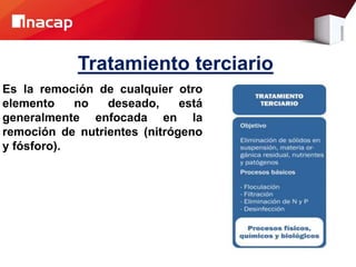 Tratamiento terciario
Es la remoción de cualquier otro
elemento no deseado, está
generalmente enfocada en la
remoción de nutrientes (nitrógeno
y fósforo).
 