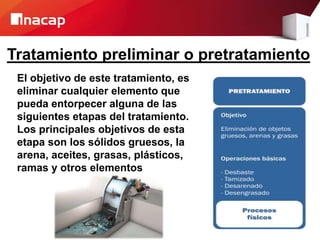 Tratamiento preliminar o pretratamiento
El objetivo de este tratamiento, es
eliminar cualquier elemento que
pueda entorpecer alguna de las
siguientes etapas del tratamiento.
Los principales objetivos de esta
etapa son los sólidos gruesos, la
arena, aceites, grasas, plásticos,
ramas y otros elementos
 