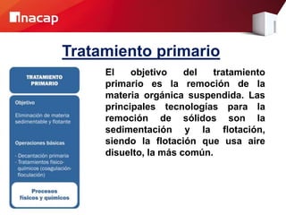 Tratamiento primario
El objetivo del tratamiento
primario es la remoción de la
materia orgánica suspendida. Las
principales tecnologías para la
remoción de sólidos son la
sedimentación y la flotación,
siendo la flotación que usa aire
disuelto, la más común.
 