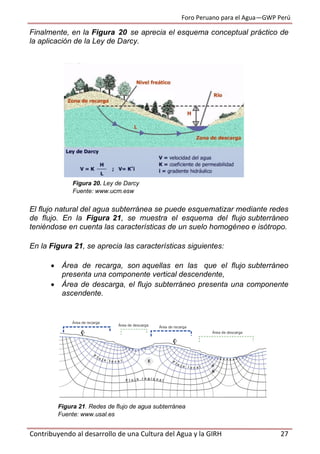 Foro Peruano para el Agua—GWP Perú
Contribuyendo al desarrollo de una Cultura del Agua y la GIRH 27
Finalmente, en la Figura 20 se aprecia el esquema conceptual práctico de
la aplicación de la Ley de Darcy.
Figura 20. Ley de Darcy
Fuente: www.ucm.esw
El flujo natural del agua subterránea se puede esquematizar mediante redes
de flujo. En la Figura 21, se muestra el esquema del flujo subterráneo
teniéndose en cuenta las características de un suelo homogéneo e isótropo.
En la Figura 21, se aprecia las características siguientes:
 Área de recarga, son aquellas en las que el flujo subterráneo
presenta una componente vertical descendente,
 Área de descarga, el flujo subterráneo presenta una componente
ascendente.
Figura 21. Redes de flujo de agua subterránea
Fuente: www.usal.es
 