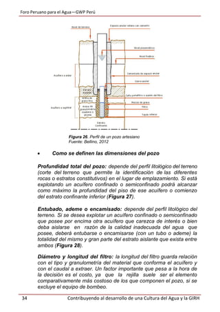 Foro Peruano para el Agua—GWP Perú
34 Contribuyendo al desarrollo de una Cultura del Agua y la GIRH
Figura 26. Perfil de un pozo artesiano
Fuente: Bellino, 2012
 Como se definen las dimensiones del pozo
Profundidad total del pozo: depende del perfil litológico del terreno
(corte del terreno que permite la identificación de las diferentes
rocas o estratos constitutivos) en el lugar de emplazamiento. Si está
explotando un acuífero confinado o semiconfinado podrá alcanzar
como máximo la profundidad del piso de ese acuífero o comienzo
del estrato confinante inferior (Figura 27).
Entubado, ademe o encamisado: depende del perfil litológico del
terreno. Si se desea explotar un acuífero confinado o semiconfinado
que posee por encima otra acuífero que carezca de interés o bien
deba aislarse en razón de la calidad inadecuada del agua que
posee, deberá entubarse o encamisarse (con un tubo o ademe) la
totalidad del mismo y gran parte del estrato aislante que exista entre
ambos (Figura 28).
Diámetro y longitud del filtro: la longitud del filtro guarda relación
con el tipo y granulometría del material que conforma el acuífero y
con el caudal a extraer. Un factor importante que pesa a la hora de
la decisión es el costo, ya que la rejilla suele ser el elemento
comparativamente más costoso de los que componen el pozo, si se
excluye el equipo de bombeo.
 