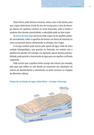 232. ÁGUA SUBTERRâNEA
Tempo de circulação da água subterrânea – recarga e descarga
Desta forma, pode demorar semanas, meses, anos e até séculos, para
que a água subterrânea circule da área de recarga para a área de descar-
ga. Apenas em aquíferos cársticos ou muito fraturados, onde as fendas e
condutos têm elevada conectividade, a velocidade pode ser bem maior.
As áreas de descarga são locais onde a água sai do aquífero, poden-
do, normalmente, voltar à superfície do terreno, em forma de nascente ou
como escoamento básico, alimentando os córregos, rios e lagos.
A recarga também pode ocorrer pelo aporte de água vindo de outra
unidade hidrogeológica, seja granular ou fraturada, em contato com o
aquífero em questão. Por exemplo, um aquitarde, apesar da baixa permea-
bilidade, pode permitir a transmissão de água para um aquífero confinado
subjacente.
Pode ocorrer que o aquífero tenha recarga não natural, por exemplo,
pela água que infiltra no solo devido ao vazamento das tubulações do
sistema de abastecimento e saneamento, ou pelos excessos na irrigação
de diferentes culturas.
06594 miolo novo.indd 23 11/9/2012 09:26:47
 