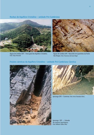 3535
Rochas do Aquífero Cristalino – unidade Pré-Cambriana
Águas de lindóia (SP) – Vista geral do Aquífero Cristalino.
Foto: Seiju Hassuda
Águas de lindóia (SP) - Nascente em quartzitos da Fonte
São Roque. Foto: Francisco de Assis Negri
Iporanga (SP) – Cavernas. Foto:Artur Deodato Alves.
Iporanga (SP) – Entrada
da caverna laje Branca.
Foto:William Sallun Filho
Feições cársticas do Aquífero Cristalino – unidade Pré-Cambriana Cárstica
06594 miolo novo.indd 35 11/9/2012 09:26:51
 