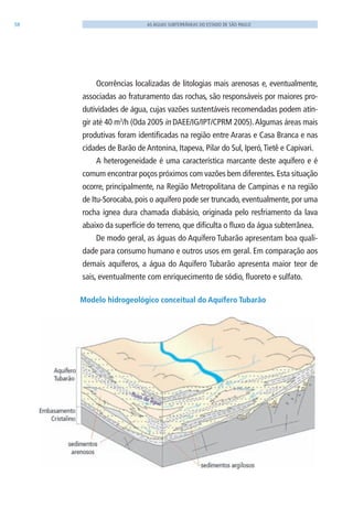 38 AS ÁGUAS SUBTERRÂNEAS DO ESTADO DE SÃO PAULO
Ocorrências localizadas de litologias mais arenosas e, eventualmente,
associadas ao fraturamento das rochas, são responsáveis por maiores pro-
dutividades de água, cujas vazões sustentáveis recomendadas podem atin-
gir até 40 m3
/h (Oda 2005 in DAEE/IG/IPT/CPRM 2005).Algumas áreas mais
produtivas foram identificadas na região entre Araras e Casa Branca e nas
cidades de Barão de Antonina, Itapeva, Pilar do Sul, Iperó,Tietê e Capivari.
A heterogeneidade é uma característica marcante deste aquífero e é
comum encontrar poços próximos com vazões bem diferentes. Esta situação
ocorre, principalmente, na Região Metropolitana de Campinas e na região
de Itu-Sorocaba, pois o aquífero pode ser truncado, eventualmente, por uma
rocha ígnea dura chamada diabásio, originada pelo resfriamento da lava
abaixo da superfície do terreno, que dificulta o fluxo da água subterrânea.
De modo geral, as águas do Aquífero Tubarão apresentam boa quali-
dade para consumo humano e outros usos em geral. Em comparação aos
demais aquíferos, a água do Aquífero Tubarão apresenta maior teor de
sais, eventualmente com enriquecimento de sódio, fluoreto e sulfato.
Modelo hidrogeológico conceitual do Aquífero Tubarão
06594 miolo novo.indd 38 11/9/2012 09:26:51
 