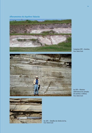 3939
Afloramentos do Aquífero Tubarão
Campinas (SP) – Arenitos.
Foto: Sibele Ezaki
Itu (SP) – Ritmitos
(alternância de camadas
de arenitos e siltitos).
Foto: Sibele Ezaki
Itu (SP) – Detalhe do ritmito de Itu.
Foto: Sibele Ezaki
06594 miolo novo.indd 39 11/9/2012 09:26:52
 