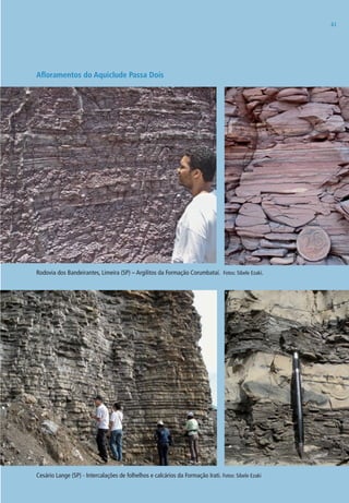 4141
Afloramentos do Aquiclude Passa Dois
Rodovia dos Bandeirantes, limeira (SP) – Argilitos da Formação Corumbataí. Fotos: Sibele Ezaki.
Cesário lange (SP) - Intercalações de folhelhos e calcários da Formação Irati. Fotos: Sibele Ezaki
06594 miolo novo.indd 41 11/9/2012 09:26:54
 