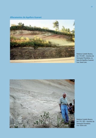 4545
Afloramentos do Aquífero Guarani
Rodovia Castelo Branco,
km 170 (SP) – Arenitos da
Formação Pirambóia.
Foto: Sibele Ezaki
Rodovia Castelo Branco,
km 170 (SP) – Arenitos da
Formação Pirambóia, na
base do Aquífero Guarani.
Foto: Sibele Ezaki.
06594 miolo novo.indd 45 11/9/2012 09:26:55
 