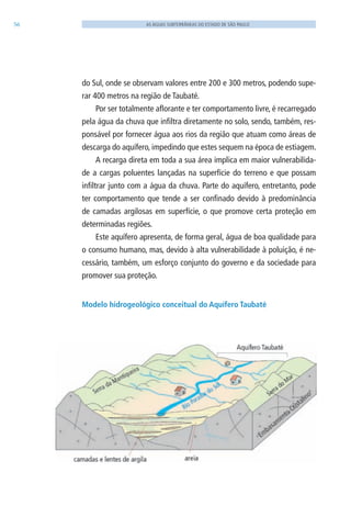 56 AS ÁGUAS SUBTERRÂNEAS DO ESTADO DE SÃO PAULO
do Sul, onde se observam valores entre 200 e 300 metros, podendo supe-
rar 400 metros na região de Taubaté.
Por ser totalmente aflorante e ter comportamento livre, é recarregado
pela água da chuva que infiltra diretamente no solo, sendo, também, res-
ponsável por fornecer água aos rios da região que atuam como áreas de
descarga do aquífero, impedindo que estes sequem na época de estiagem.
A recarga direta em toda a sua área implica em maior vulnerabilida-
de a cargas poluentes lançadas na superfície do terreno e que possam
infiltrar junto com a água da chuva. Parte do aquífero, entretanto, pode
ter comportamento que tende a ser confinado devido à predominância
de camadas argilosas em superfície, o que promove certa proteção em
determinadas regiões.
Este aquífero apresenta, de forma geral, água de boa qualidade para
o consumo humano, mas, devido à alta vulnerabilidade à poluição, é ne-
cessário, também, um esforço conjunto do governo e da sociedade para
promover sua proteção.
Modelo hidrogeológico conceitual do Aquífero Taubaté
06594 miolo novo.indd 56 11/9/2012 09:26:59
 