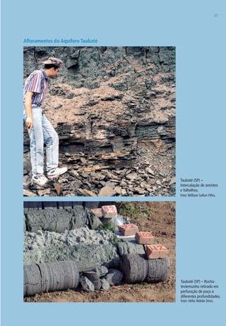 5757
Afloramentos do Aquífero Taubaté
Taubaté (SP) –
Intercalação de arenitos
e folhelhos.
Foto:William Sallun Filho.
Taubaté (SP) – Rocha-
testemunho retirado em
perfuração de poço a
diferentes profundidades.
Foto: Hélio Nóbile Diniz.
06594 miolo novo.indd 57 11/9/2012 09:27:00
 