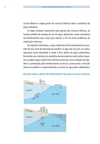 78 AS ÁGUAS SUBTERRÂNEAS DO ESTADO DE SÃO PAULO
cia de informar o órgão gestor de recursos hídricos sobre a existência de
poços tubulares.
O órgão estadual responsável pela gestão dos recursos hídricos, ao
analisar pedido de outorga de uso da água, determina a taxa sustentável
de bombeamento para cada poço tubular, a fim de evitar problemas de
explotação intensiva.
Em aquíferos litorâneos, a água subterrânea flui naturalmente no sen-
tido do mar, local de descarga do aquífero. A água do mar, por ser salina,
apresenta maior densidade e tende a ficar abaixo da água subterrânea,
formando uma interface em equilíbrio denominada de cunha salina. Quan-
do se explora água subterrânea de forma intensiva, esta condição de equi-
líbrio é perturbada pelo bombeamento excessivo, provocando a intrusão
salina no aquífero e comprometendo a reserva de água doce subterrânea.
Intrusão salina e efeitos do bombeamento de poços em áreas costeiras
06594 miolo novo.indd 78 11/9/2012 09:27:07
 