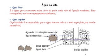 Água no solo
• Água livre
É a água que se encontra solta, livre do grão, onde não há ligação nenhuma. Essa
conseguimos retirar na temperatura ambiente;
• Água capilar
Capilaridade é a capacidade que a água tem em aderir a uma superfície por tensão
superficial;
3
 