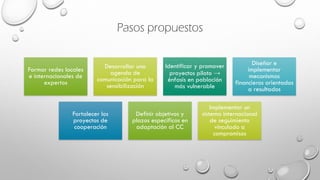 Pasos propuestos
Formar redes locales
e internacionales de
expertos
Desarrollar una
agenda de
comunicación para la
sensibilización
Identificar y promover
proyectos piloto →
énfasis en población
más vulnerable
Diseñar e
implementar
mecanismos
financieros orientados
a resultados
Fortalecer los
proyectos de
cooperación
Definir objetivos y
plazos específicos en
adaptación al CC
Implementar un
sistema internacional
de seguimiento
vinculado a
compromisos
 