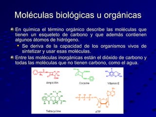 Moléculas biológicas u orgánicas
En química el término orgánico describe las moléculas que
tienen un esqueleto de carbono y que además contienen
algunos átomos de hidrógeno.

Se deriva de la capacidad de los organismos vivos de
sintetizar y usar esas moléculas.
Entre las moléculas inorgánicas están el dióxido de carbono y
todas las moléculas que no tienen carbono, como el agua.

 