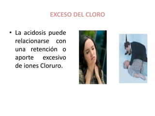 EXCESO DEL CLORO
• La acidosis puede
relacionarse con
una retención o
aporte excesivo
de iones Cloruro.
 