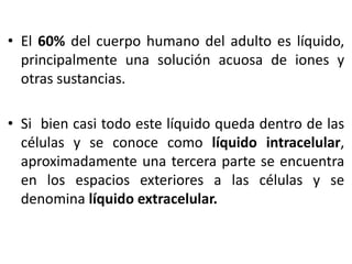 • El 60% del cuerpo humano del adulto es líquido,
principalmente una solución acuosa de iones y
otras sustancias.
• Si bien casi todo este líquido queda dentro de las
células y se conoce como líquido intracelular,
aproximadamente una tercera parte se encuentra
en los espacios exteriores a las células y se
denomina líquido extracelular.
 