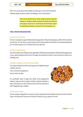  
UCV ­ CIS  Propiedades del Aguaymanto  Ing. Lidia Ruiz Valera 
 
Entre otra de sus aplicaciones también es buena para el control de la amibiasis.
Asimismo ayuda a prevenir cáncer del estómago, colon y del intestino.
Otros de sus beneficios son: aliviar complicaciones bronquiales,
combatir el cansancio mental, disminuir los niveles del colesterol
en la sangre, favorecer la cicatrización de las heridas, reduce
los síntomas generados por la aparición de la menopausia, etc.
Usos  internos del aguaymanto 
Limpia el rostro del acné: 
Para ello, se prepara un jugo de 200 gramos de aguaymanto, 200 gramos de papaya, y 100 mililitros de sanky
en extracto. Se licua todo, se cuela y toma por siete días en ayunas al levantarse. Se recomienda descansar
por tres días y seguir con el tratamiento por siete días más.
Combate el estreñimiento: 
Para ello se debe licuar 200 gramos de aguaymanto, 200 gramos de granadilla y 200 gramos de papaya junto
a cinco vasitos medidores del extracto de sanky. De preferencia tomarlo al caer las seis de la tarde con el
estómago vacío.
Combate la diabetes y problemas de la próstata: 
Su consumo mediante infusión de sus hojas es un complemento para
combatir este mal.
Usos externos del aguaymanto
Alivia el dolor de oídos
Se recomienda tomar el juego bien colado de dos aguaymantos
maduros, luego de esto se sugiere entibiar el líquido resultante y
aplicar dos gotas en el oído afectado cada ocho horas hasta que el
dolor desaparezca por completo.
Previene las cataratas 
Se saca el jugo al aguaymanto, se cuela y se aplica dos gotas de esta sustancia en el ojo afectado. Se debe
repetir esta operación tres veces al día para fortalecer su ojo y mejorar su visión.
Página ­­­­­­ > 4 
 