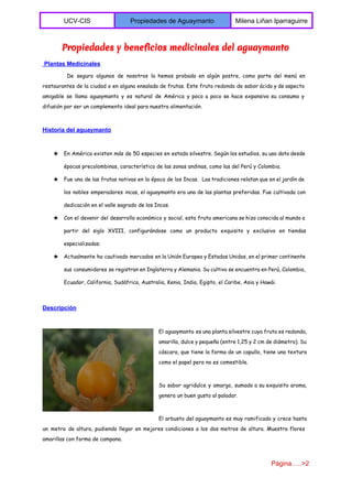  
UCV­CIS  Propiedades de Aguaymanto  Milena Liñan Iparraguirre 
 
Propiedades y beneficios medicinales del aguaymanto
 Plantas Medicinales 
De seguro algunos de nosotros la hemos probado en algún postre, como parte del menú en
restaurantes de la ciudad o en alguna ensalada de frutas. Este fruto redondo de sabor ácido y de aspecto
amigable se llama aguaymanto y es natural de América y poco a poco se hace expansivo su consumo y
difusión por ser un complemento ideal para nuestra alimentación.
Historia del aguaymanto 
★ En América existen más de 50 especies en estado silvestre. Según los estudios, su uso data desde
épocas precolombinas, característico de las zonas andinas, como las del Perú y Colombia.
★ Fue una de las frutas nativas en la época de los Incas. Las tradiciones relatan que en el jardín de
los nobles emperadores incas, el aguaymanto era una de las plantas preferidas. Fue cultivada con
dedicación en el valle sagrado de los Incas.
★ Con el devenir del desarrollo económico y social, esta fruta americana se hizo conocida al mundo a
partir del siglo XVIII, configurándose como un producto exquisito y exclusivo en tiendas
especializadas.
★ Actualmente ha cautivado mercados en la Unión Europea y Estados Unidos, en el primer continente
sus consumidores se registran en Inglaterra y Alemania. Su cultivo se encuentra en Perú, Colombia,
Ecuador, California, Sudáfrica, Australia, Kenia, India, Egipto, el Caribe, Asia y Hawái.
Descripción 
El aguaymanto es una planta silvestre cuya fruta es redonda,
amarilla, dulce y pequeña (entre 1,25 y 2 cm de diámetro). Su
cáscara, que tiene la forma de un capullo, tiene una textura
como el papel pero no es comestible.
Su sabor agridulce y amargo, sumado a su exquisito aroma,
genera un buen gusto al paladar.
El arbusto del aguaymanto es muy ramificado y crece hasta
un metro de altura, pudiendo llegar en mejores condiciones a los dos metros de altura. Muestra flores
amarillas con forma de campana.
Página…..>2 
 